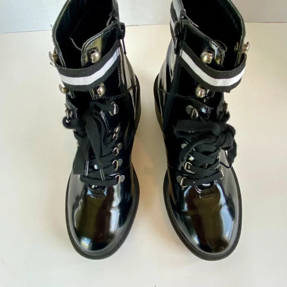 Black Patent Leather Combat Biker Boots Sz 7.5